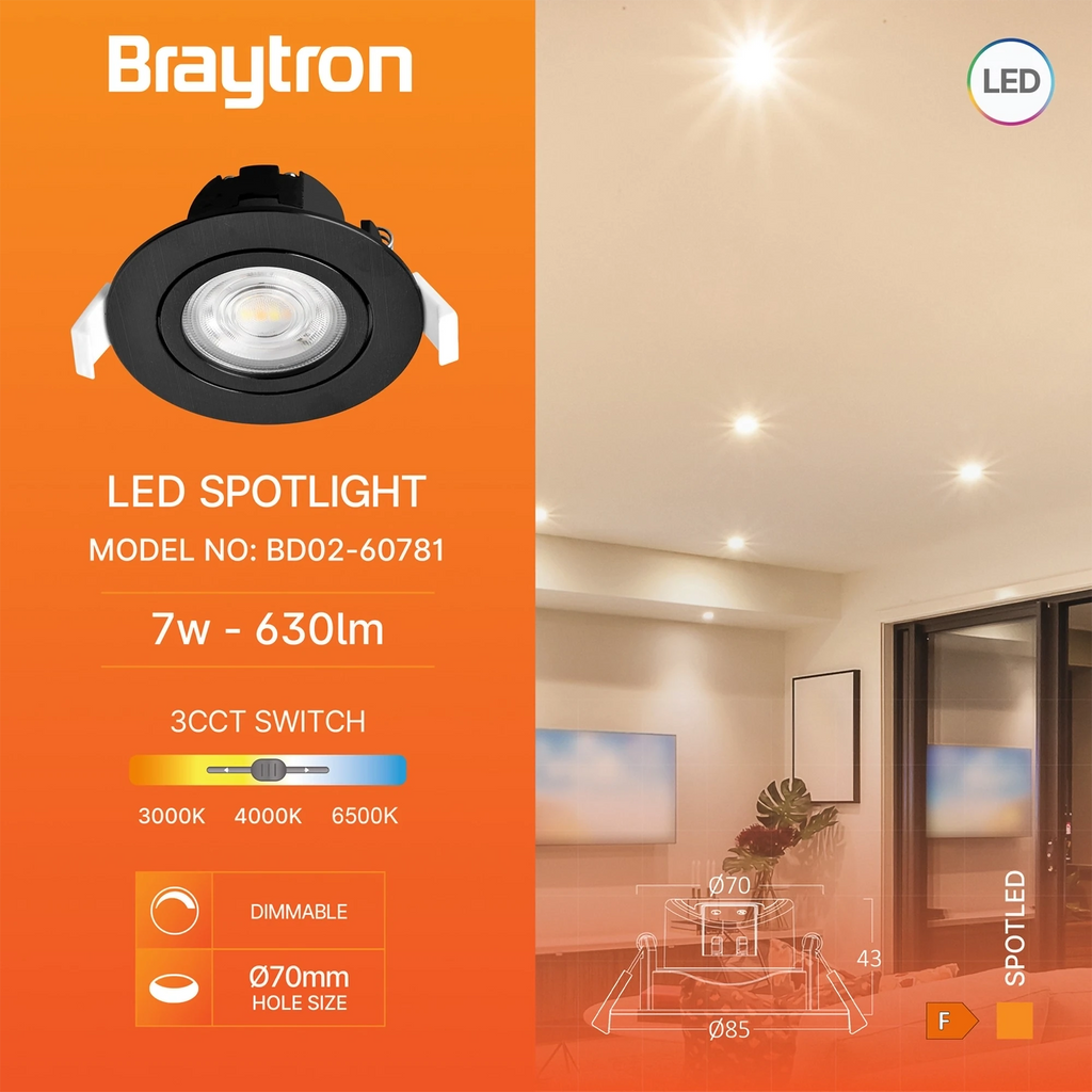 Braytron Spotled G3 LED Spot 7W Zwart RND 3IN1 DIM