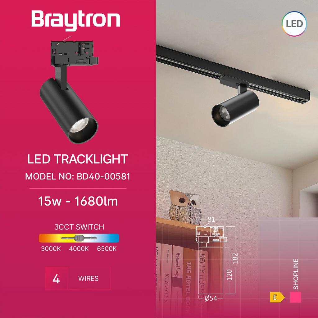 Braytron Shopline Railspot 15W Zwart P15 4WRS 3IN1