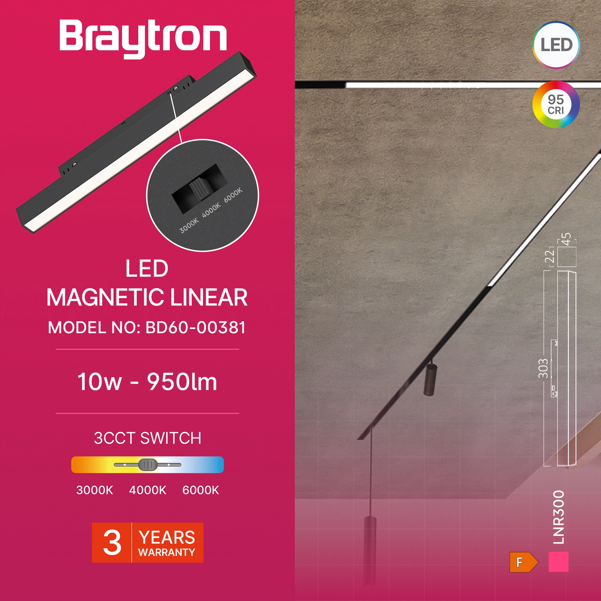 Braytron M20 Magneetrail Lineair 10W 48VDC Zwart LNR300 3IN1