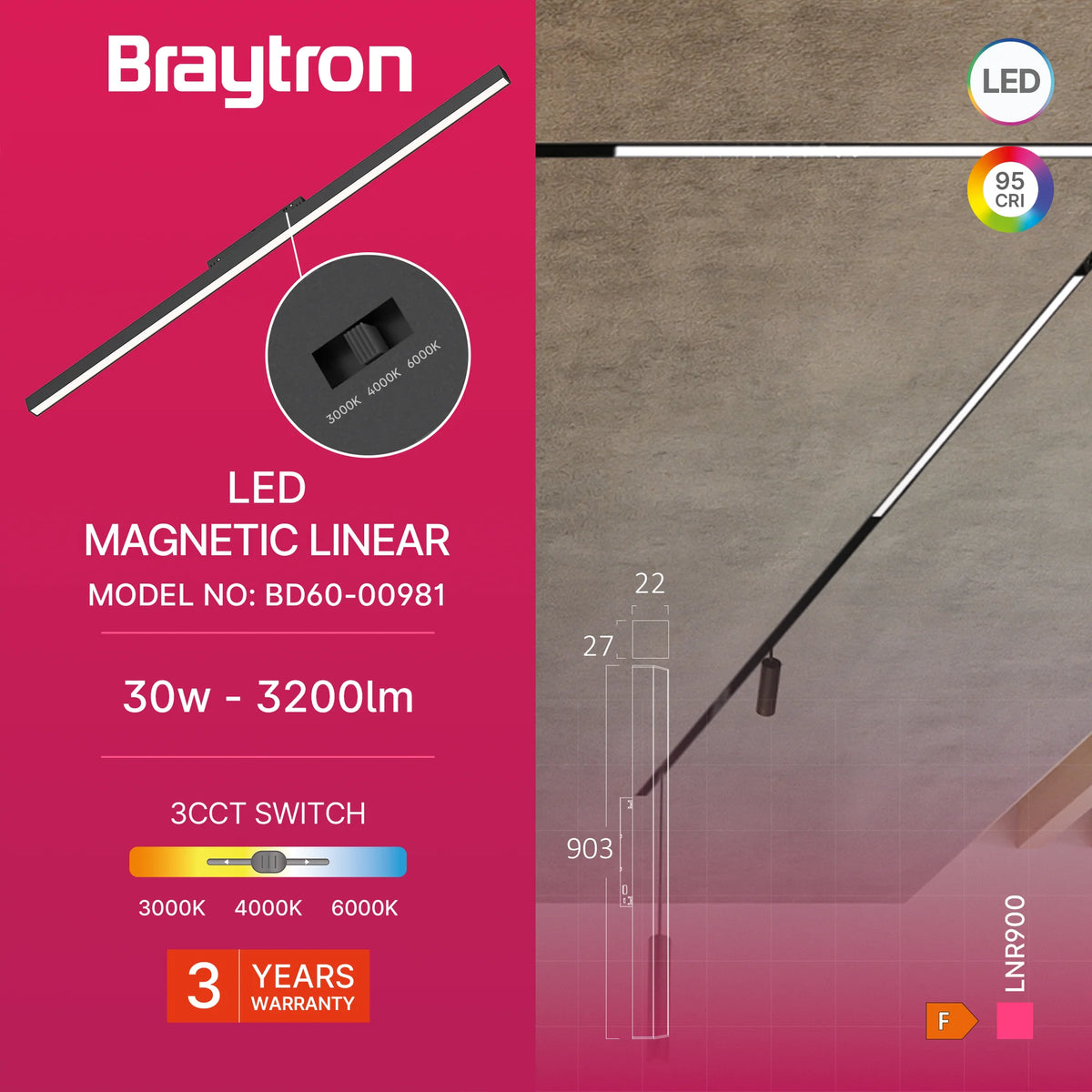 Braytron M20 Magneetrail Lineair 30W 48VDC Zwart LNR900 3IN1