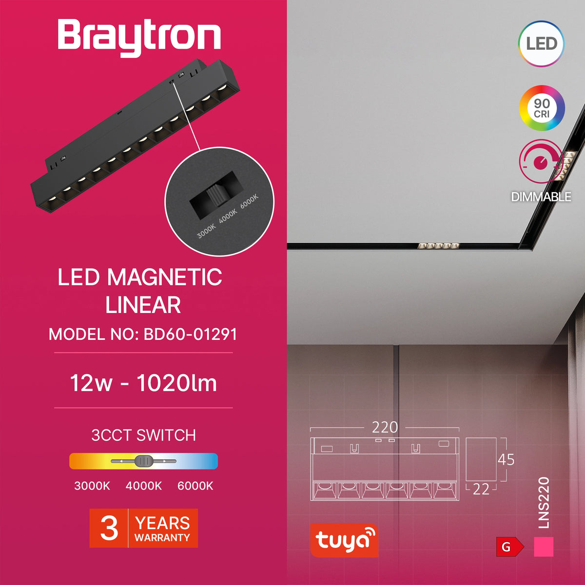 Braytron M20 Magneetrail Lineair 12W 48VDC Zwart LNS220 TUYA LAN