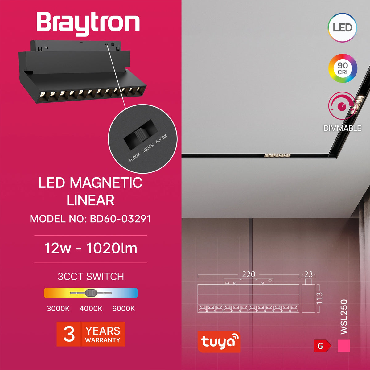 Braytron Wsl250 Magneetrail Lineair 12W 48VDC Zwart TUYA LAN