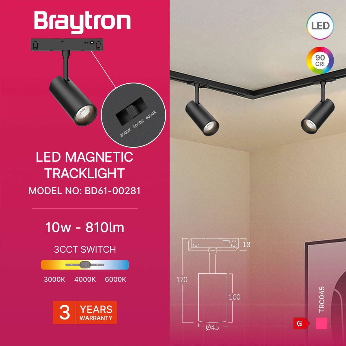 Braytron M20 Magneetrail-armatuur 10W 48VDC Zwart TRC045 3IN1