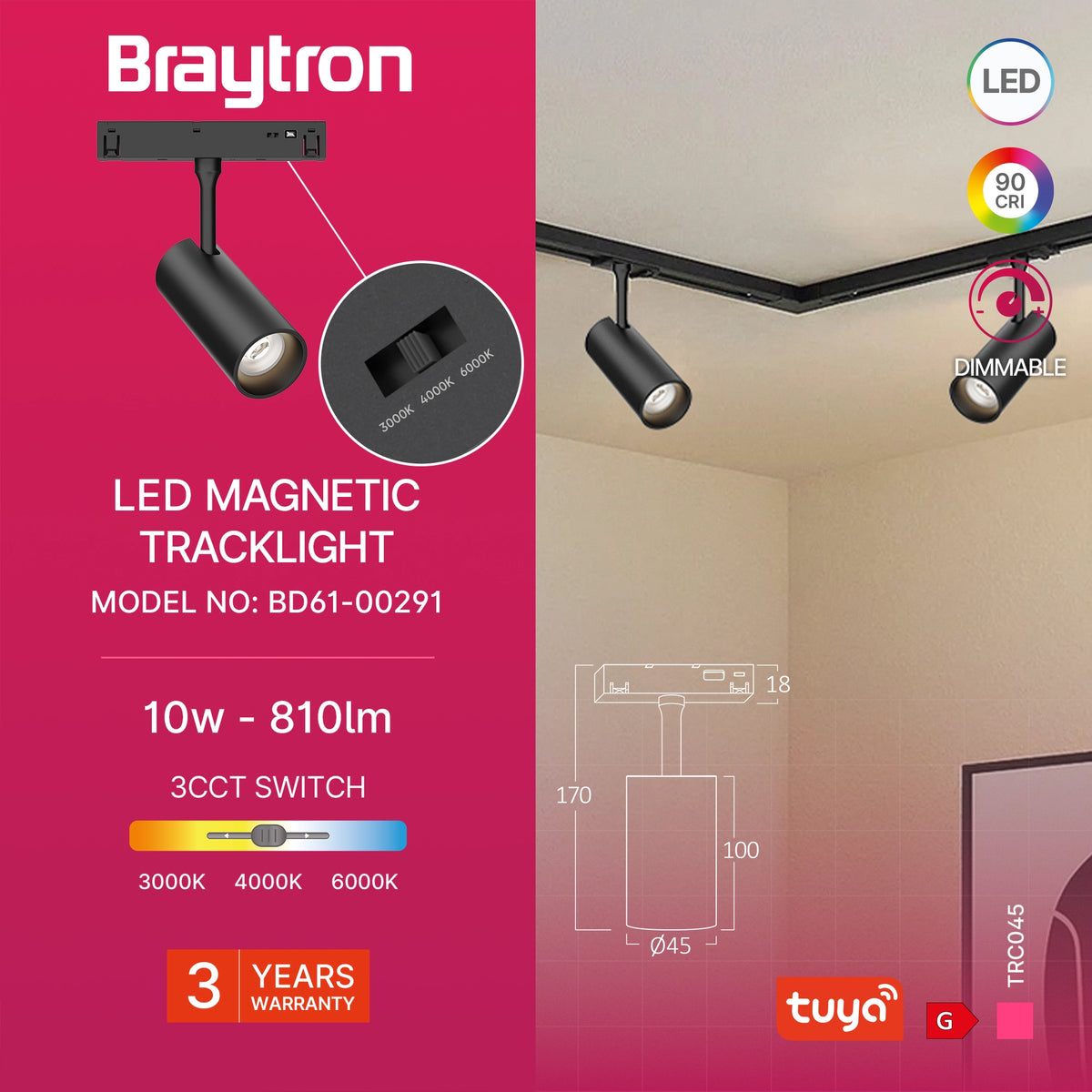 Braytron M20 Magneetrail-armatuur 10W 48VDC Zwart TRC045 TUYA LAN