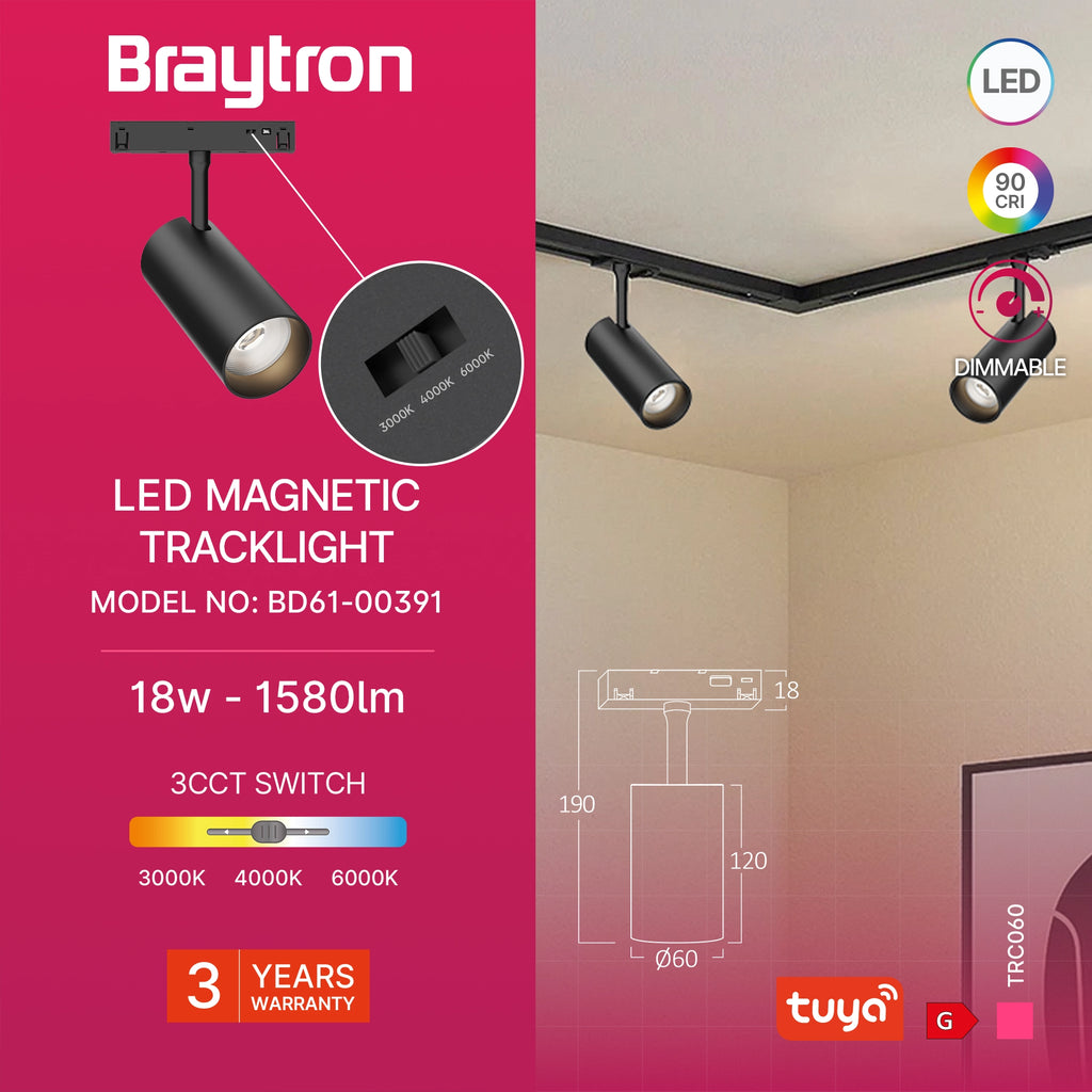 Braytron M20 Magneetrail-armatuur 18W 48VDC Zwart TRC060 TUYA LAN