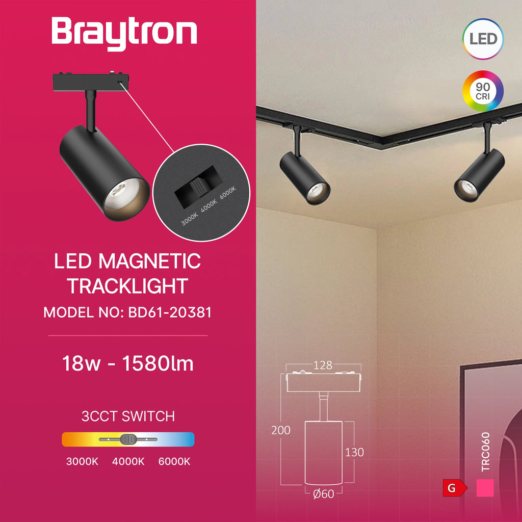 Braytron S20B Magneetrail-armatuur 18W 48VDC Zwart TRC060 3IN1