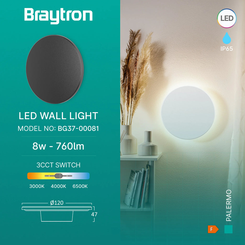 Braytron Palermo Wandlamp 8W IP65 Zwart XS RND 3IN1