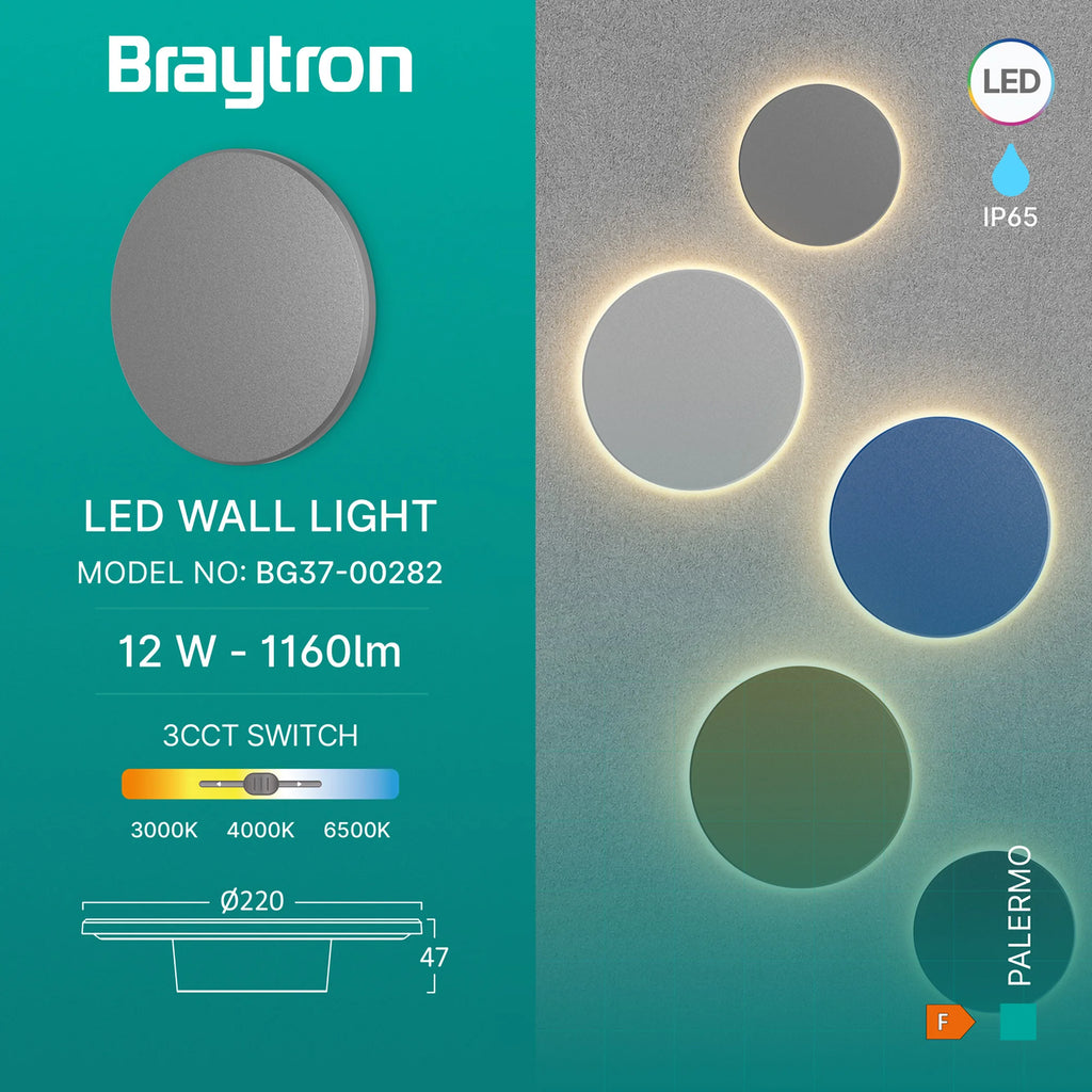 Braytron Palermo Wandlamp 12W IP65 Grijs M RND 3IN1