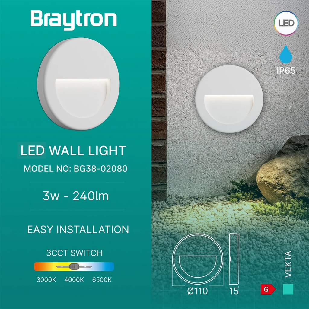 Braytron Vekta Wandlamp 3W IP65 Wit B RND 3IN1
