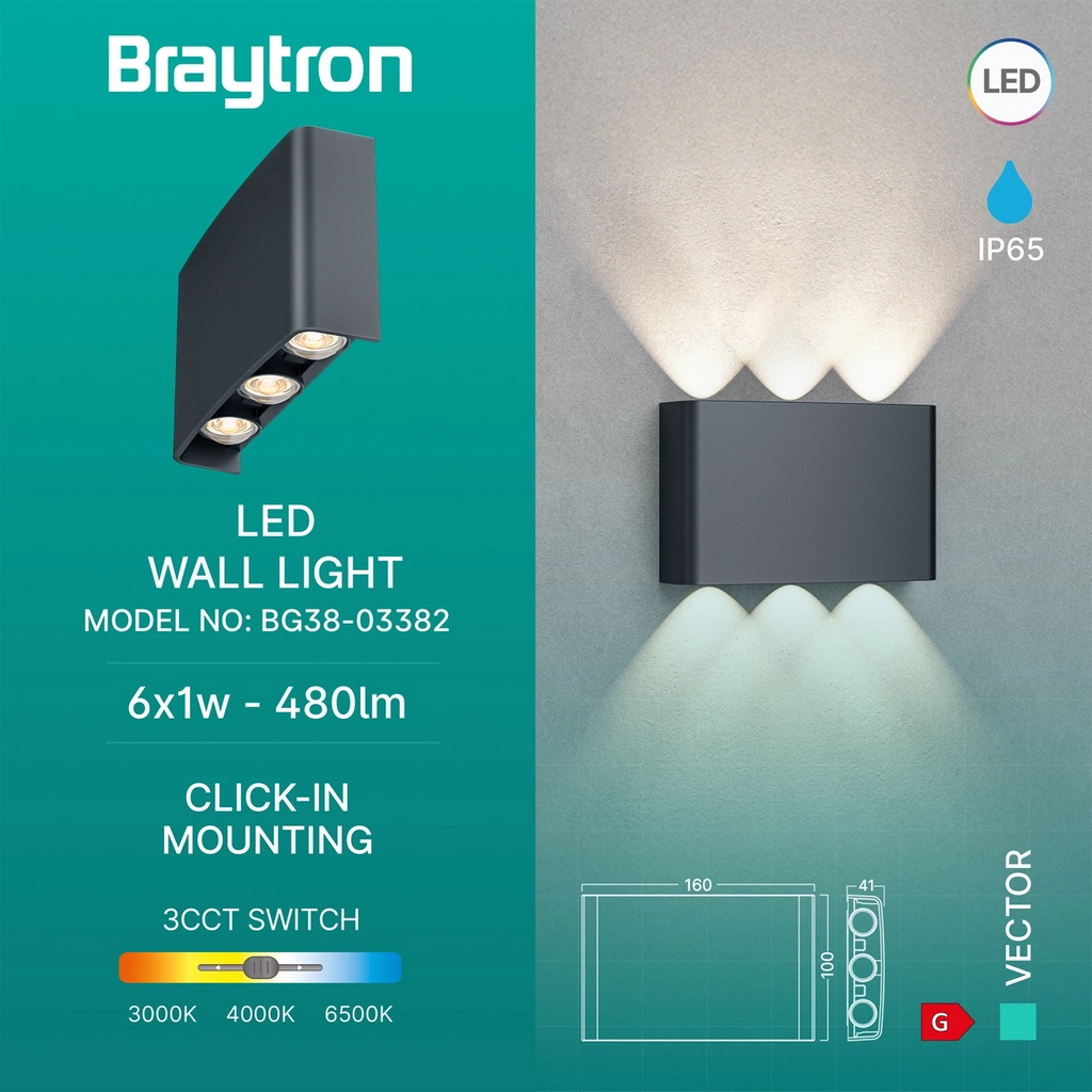Braytron Vector Wandlamp IP65 Grijs B WL 6x1W 3IN1