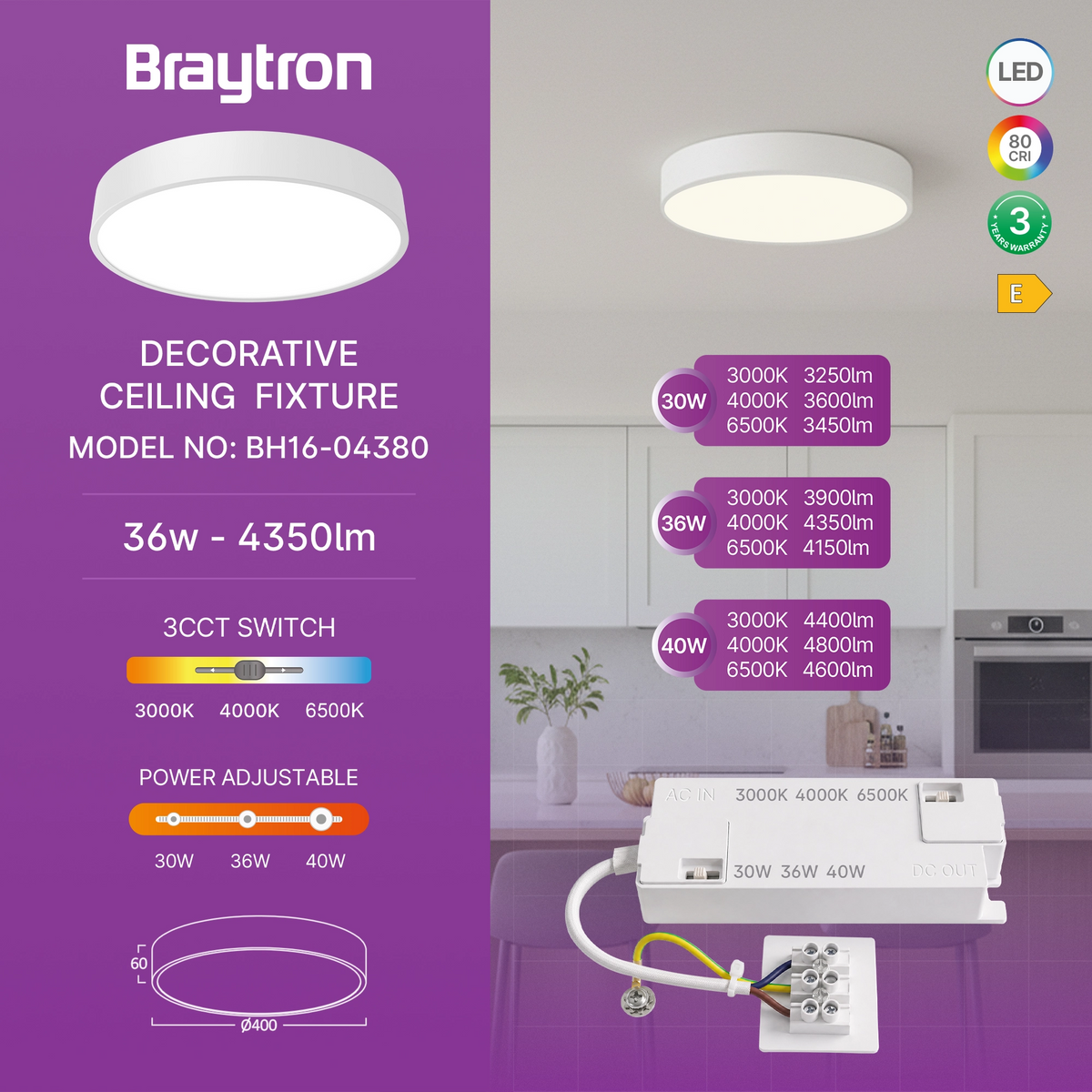 Braytron Blade Plafondlamp 36W Wit SR RND 3IN1 WAT