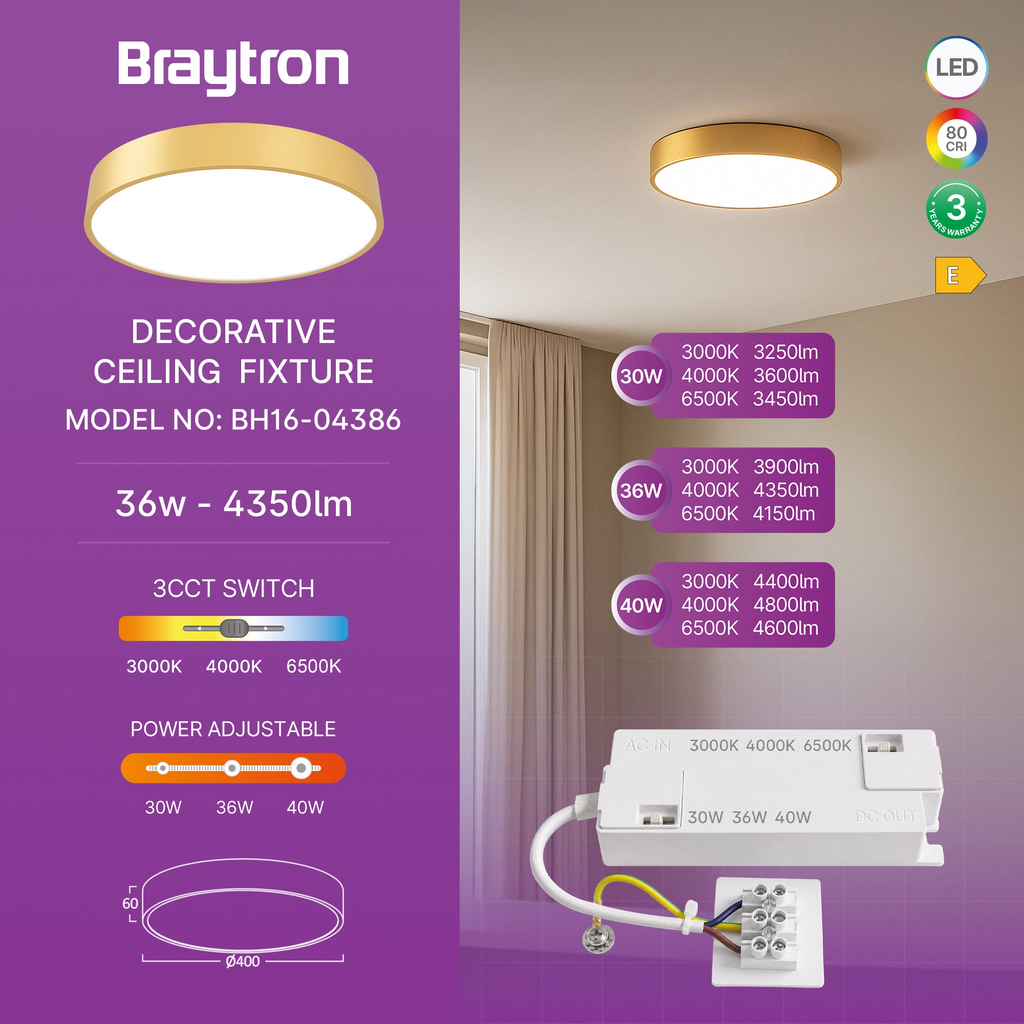 Braytron Blade Plafondlamp 36W Goud SR RND 3IN1 WAT3