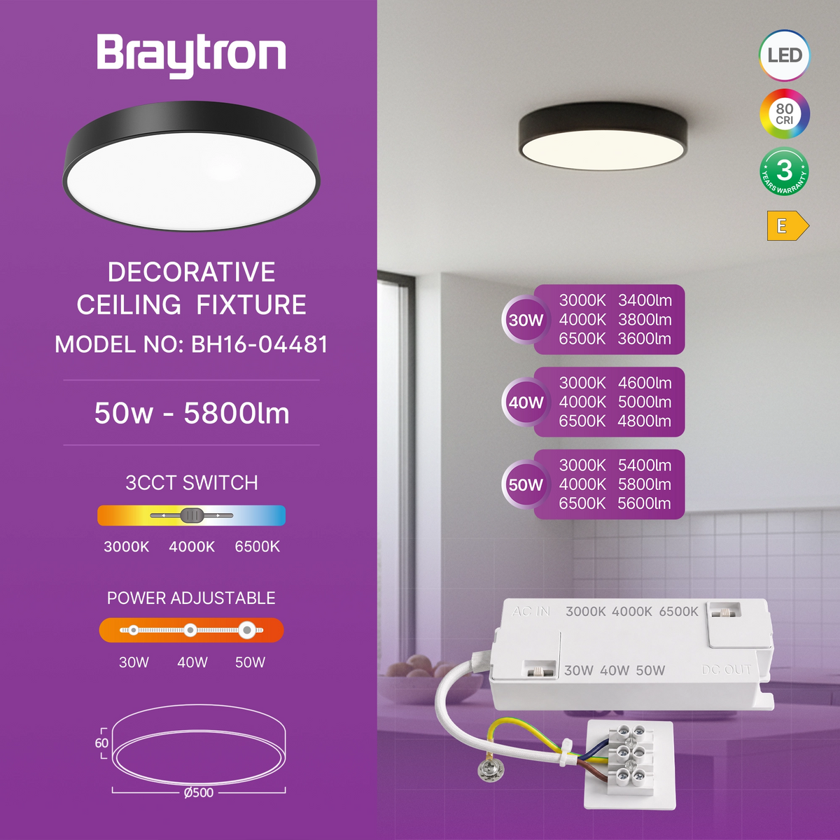 Braytron Blade Plafondlamp 50W Zwart SR RND 3IN1 WAT3
