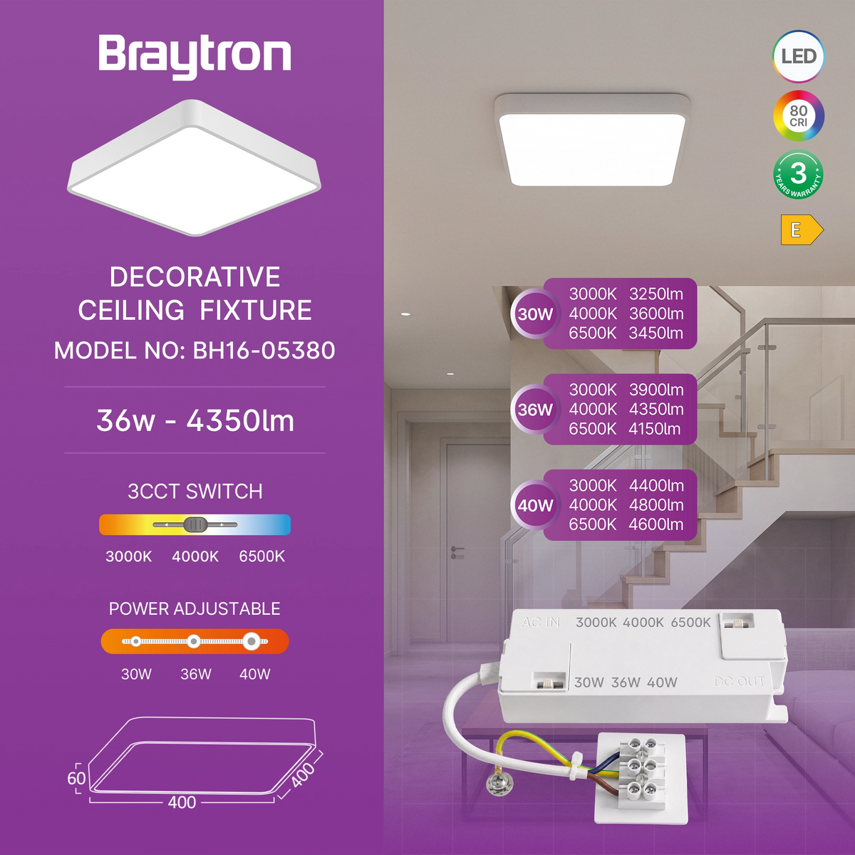 Braytron Blade Plafondlamp 36W Wit SS SQR 3IN1 WAT3
