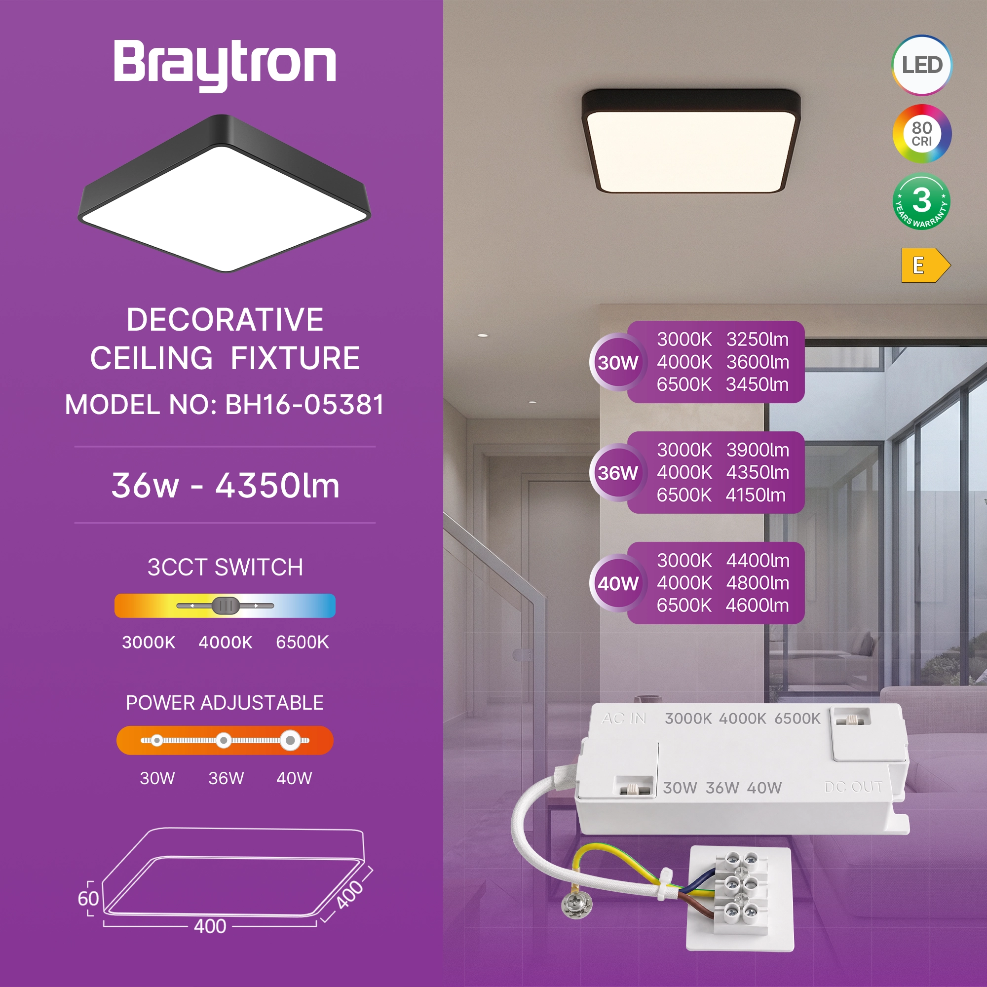 Braytron Blade Plafondlamp 36W Zwart SS SQR 3IN1 WAT3