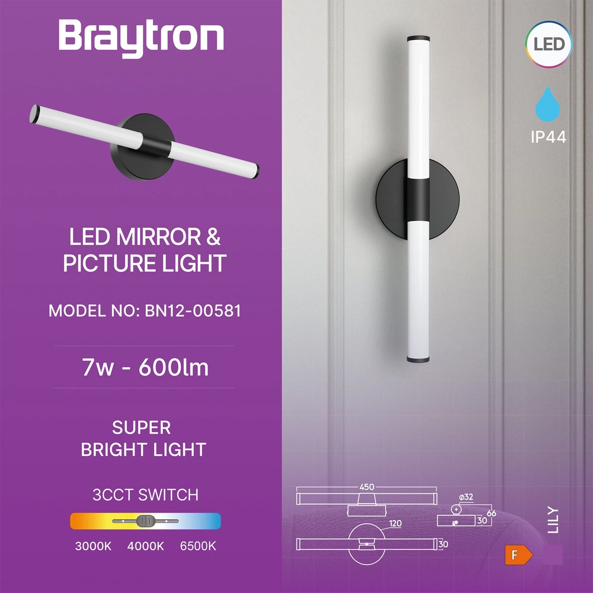 Braytron Lily Spiegellamp 7W Zwart C 450 3IN1
