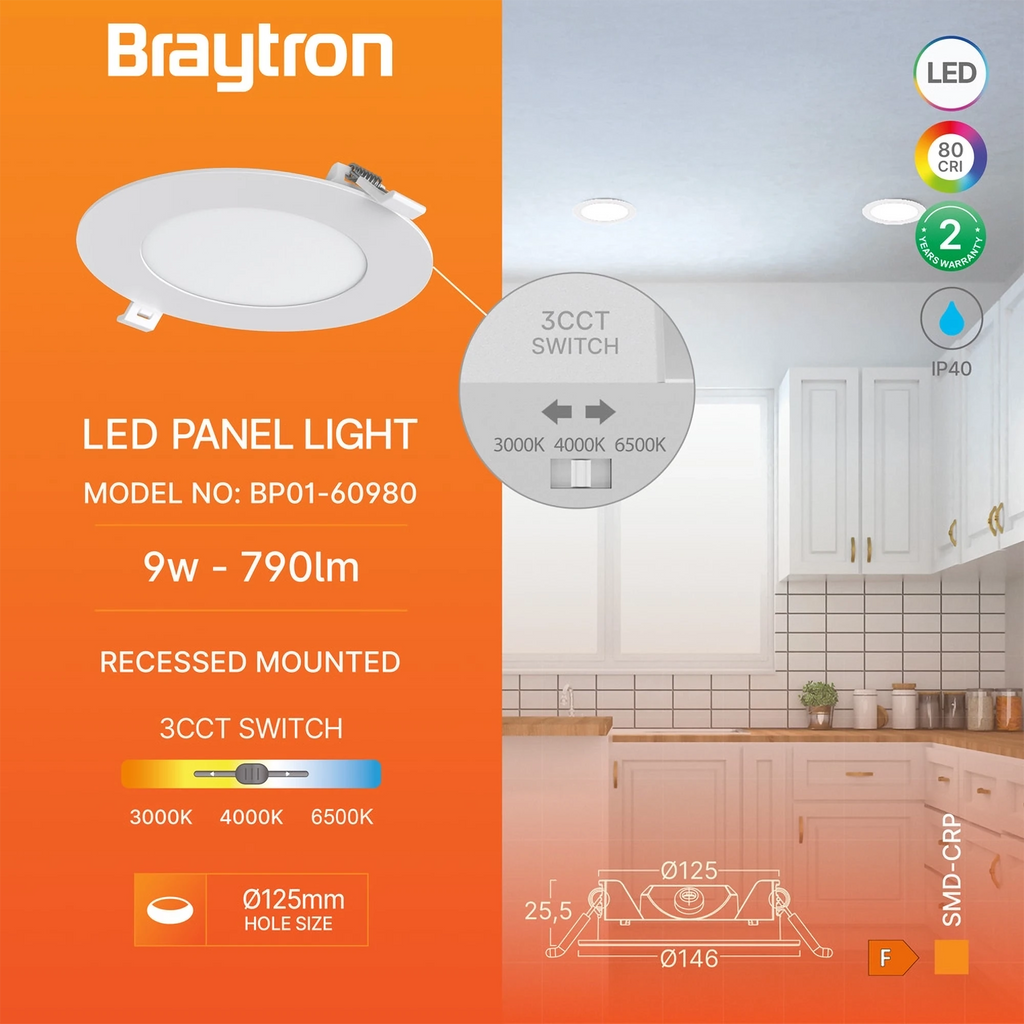 Braytron Smd LED Paneel 9W Wit CRP RND 5INC 3IN1