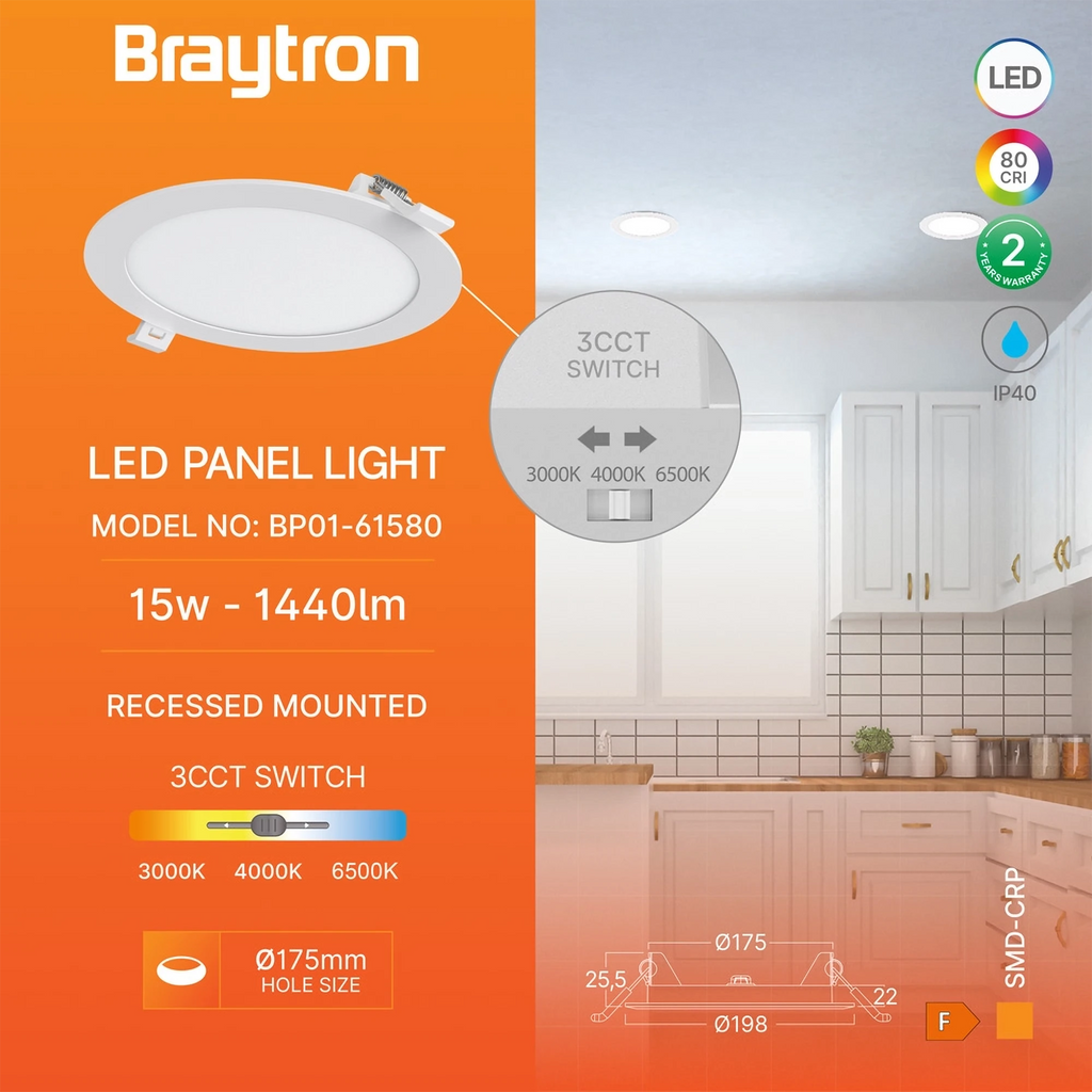 Braytron Smd LED Paneel 15W Wit CRP RND 7INC 3IN1