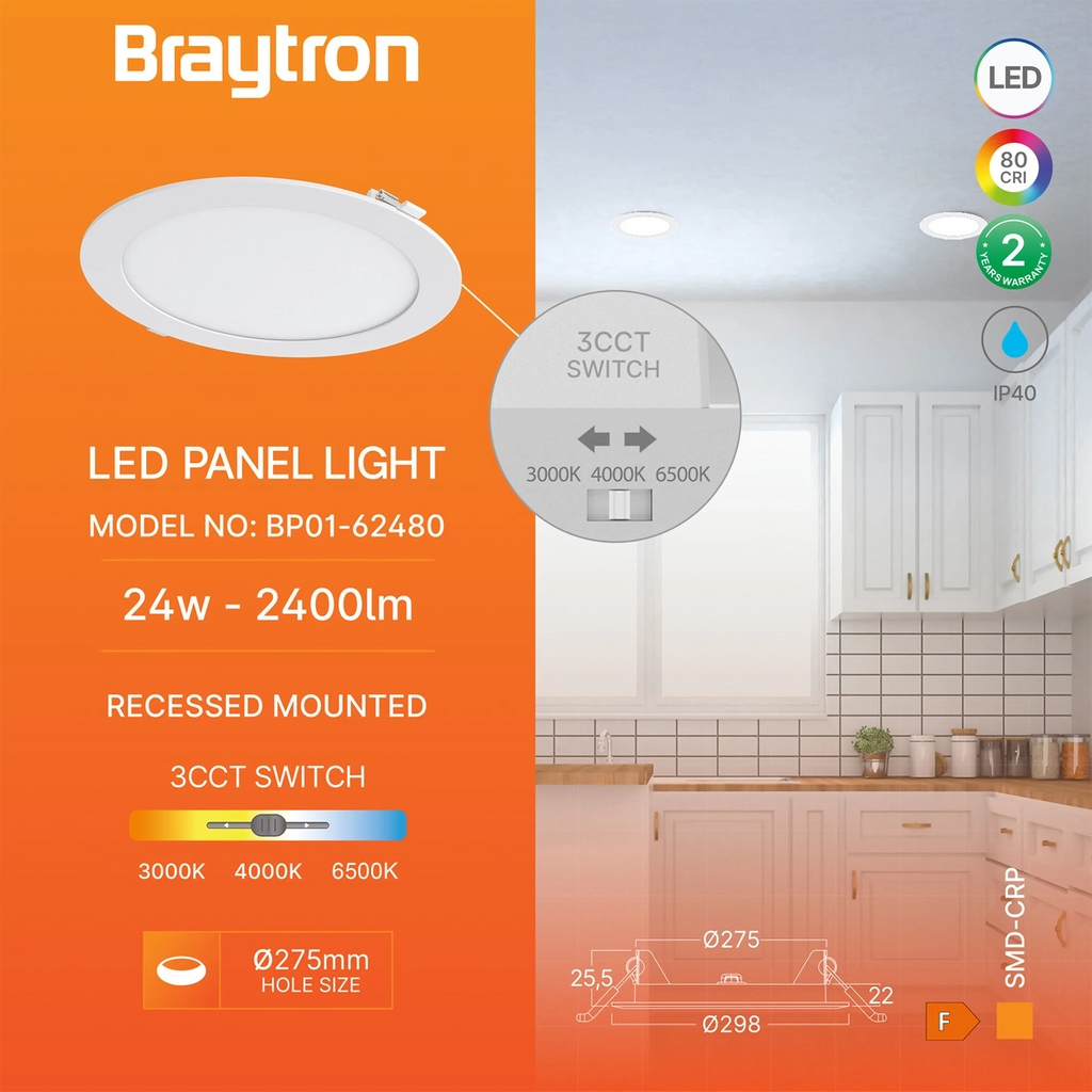 Braytron Smd LED Paneel 24W Wit CRP RND 10INC 3IN1