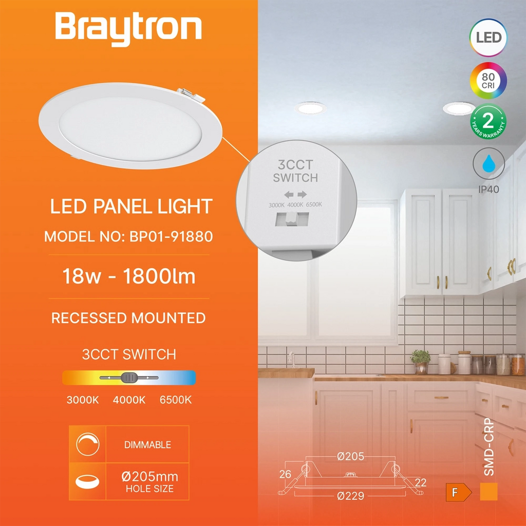 Braytron Smd LED Paneel 18W Wit CRP RND DIM 8INC 3IN1