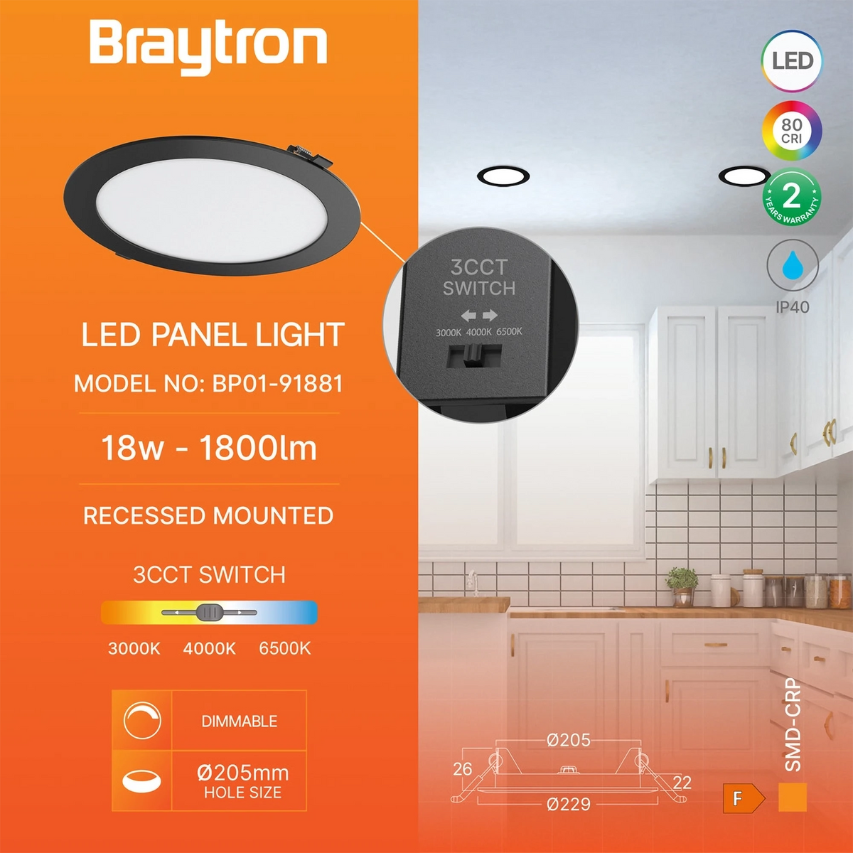 Braytron Smd LED Paneel 18W Zwart CRP RND DIM 8INC 3IN1