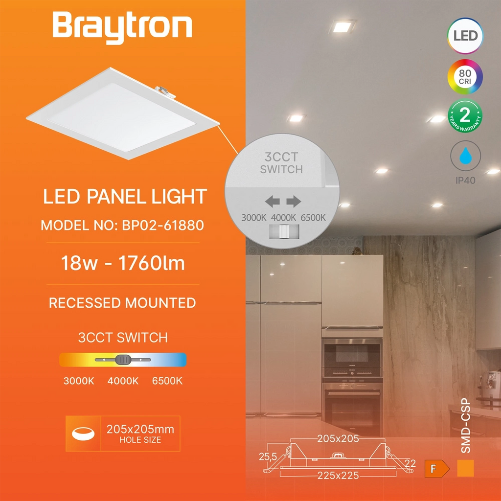 Braytron Smd LED Paneel 18W Wit CSP SQR 8INC 3IN1