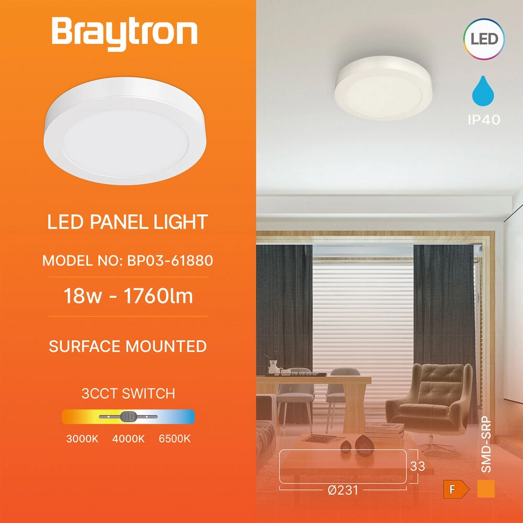 Braytron Smd LED Paneel 18W Wit SRP RND 3IN1