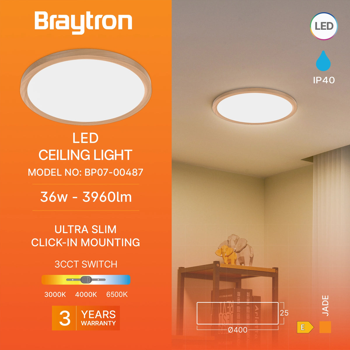 Braytron Jade Plafondlamp 36W SLR WDN RND 3IN1