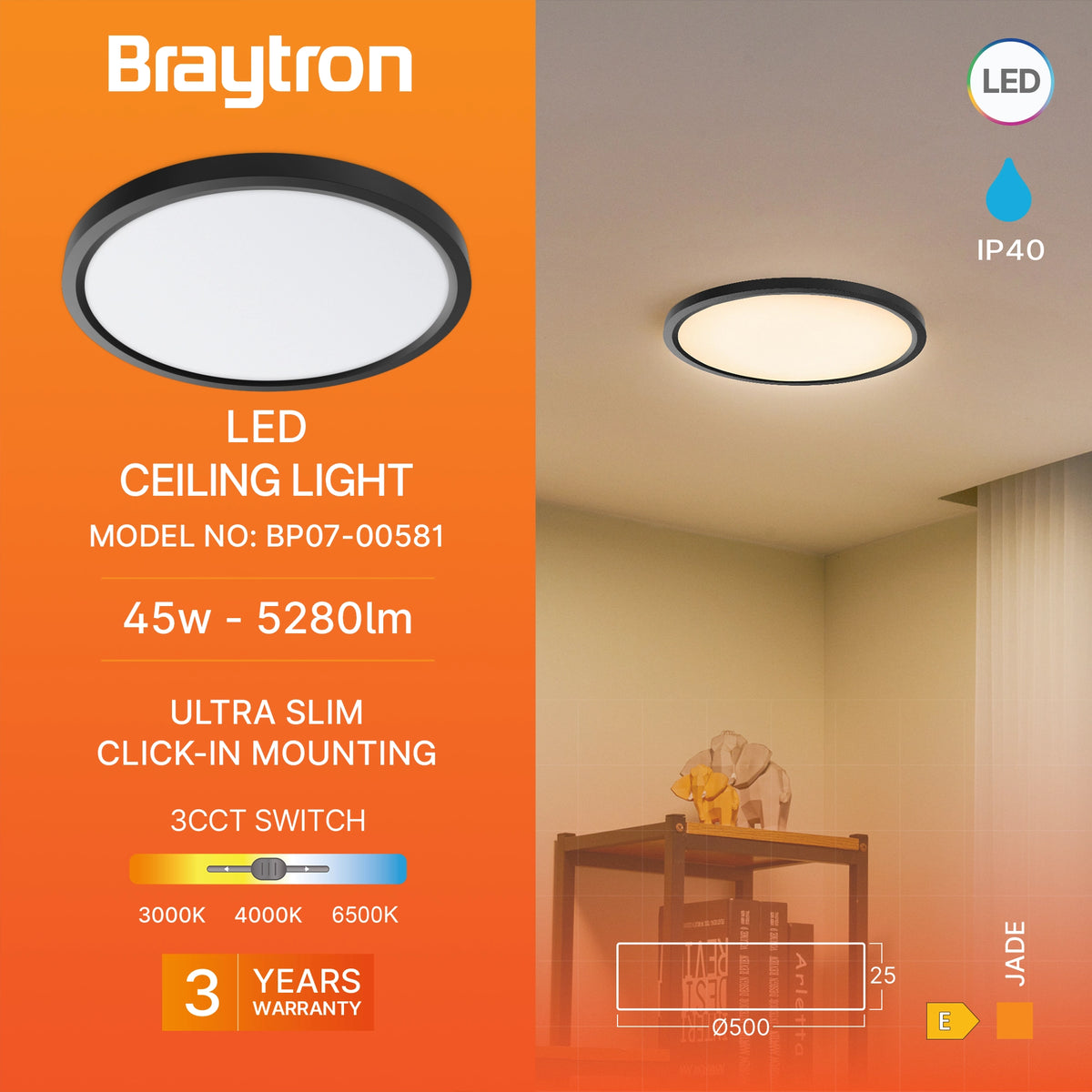 Braytron Jade Plafondlamp 45W Zwart SLR RND 3IN1