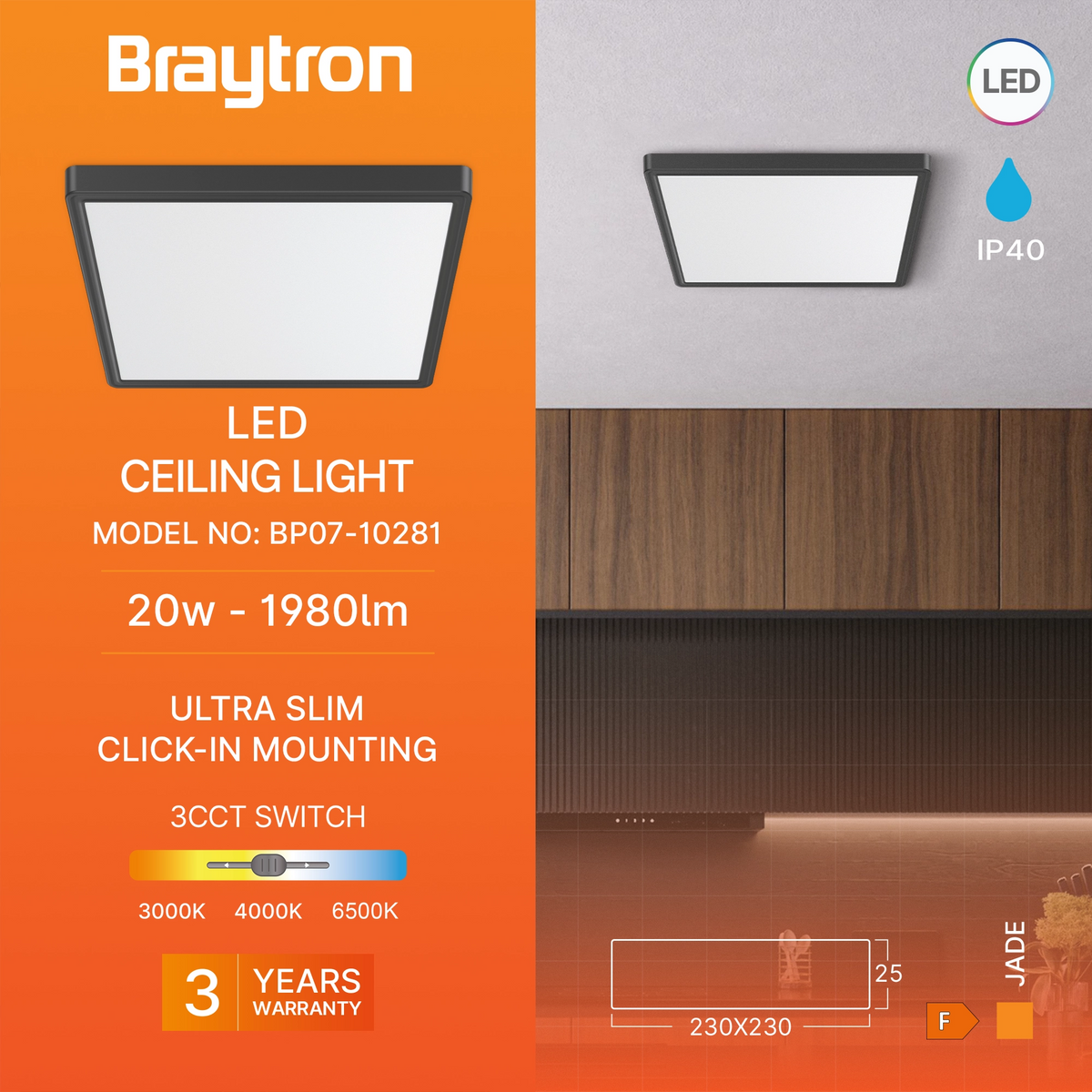 Braytron Jade Plafondlamp 20W Zwart SLR SQR 3IN1