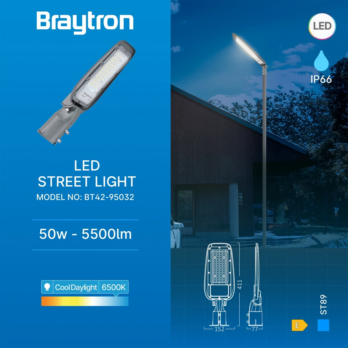 Braytron St89 Straatlamp 50W 6500K IP66 Grijs