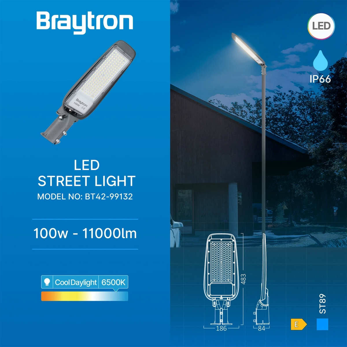 Braytron St89 Straatlamp 100W 6500K IP66 Grijs
