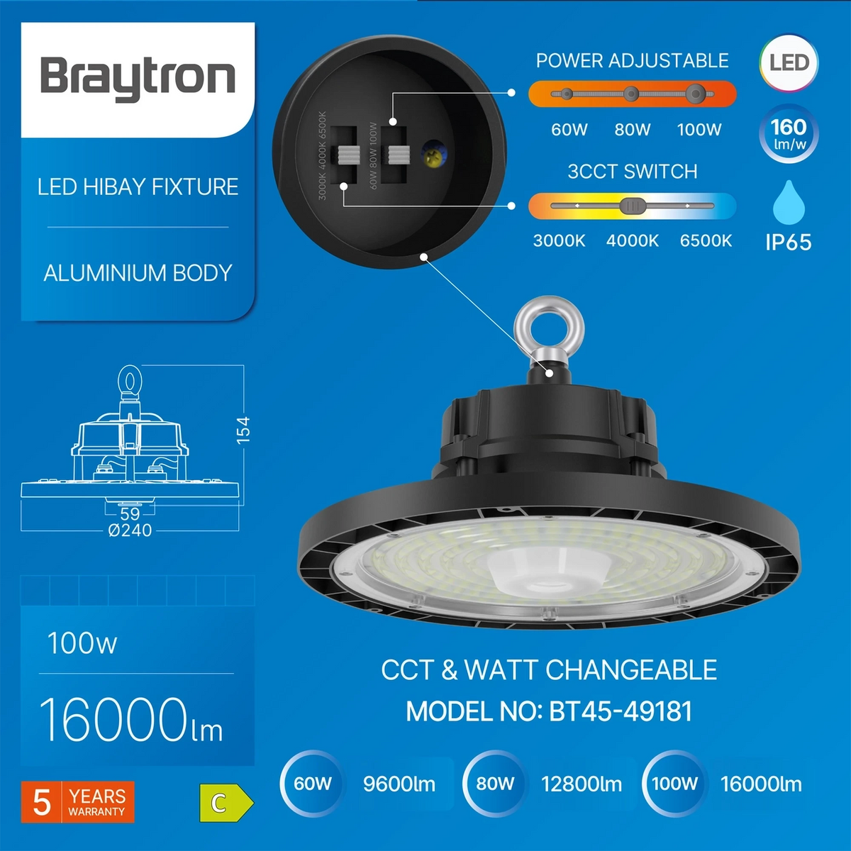Braytron Hibay Highbay-armatuur 100W IP65 Zwart ESP 3IN1 3WT