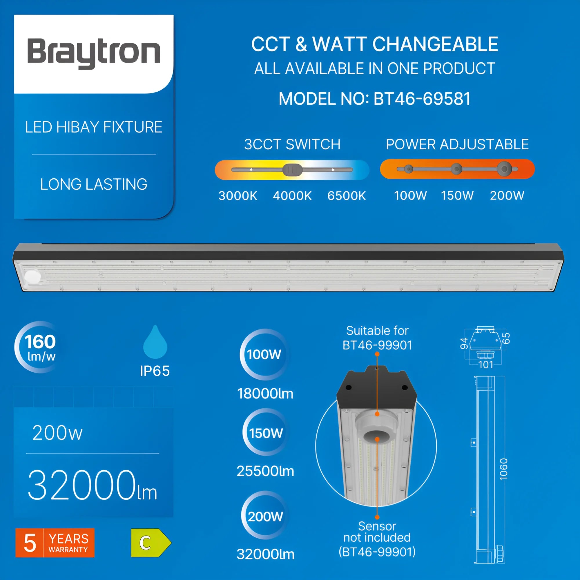 Braytron Hibay Highbay-armatuur 200W Zwart LNR 1.06MT 3IN1 3PW