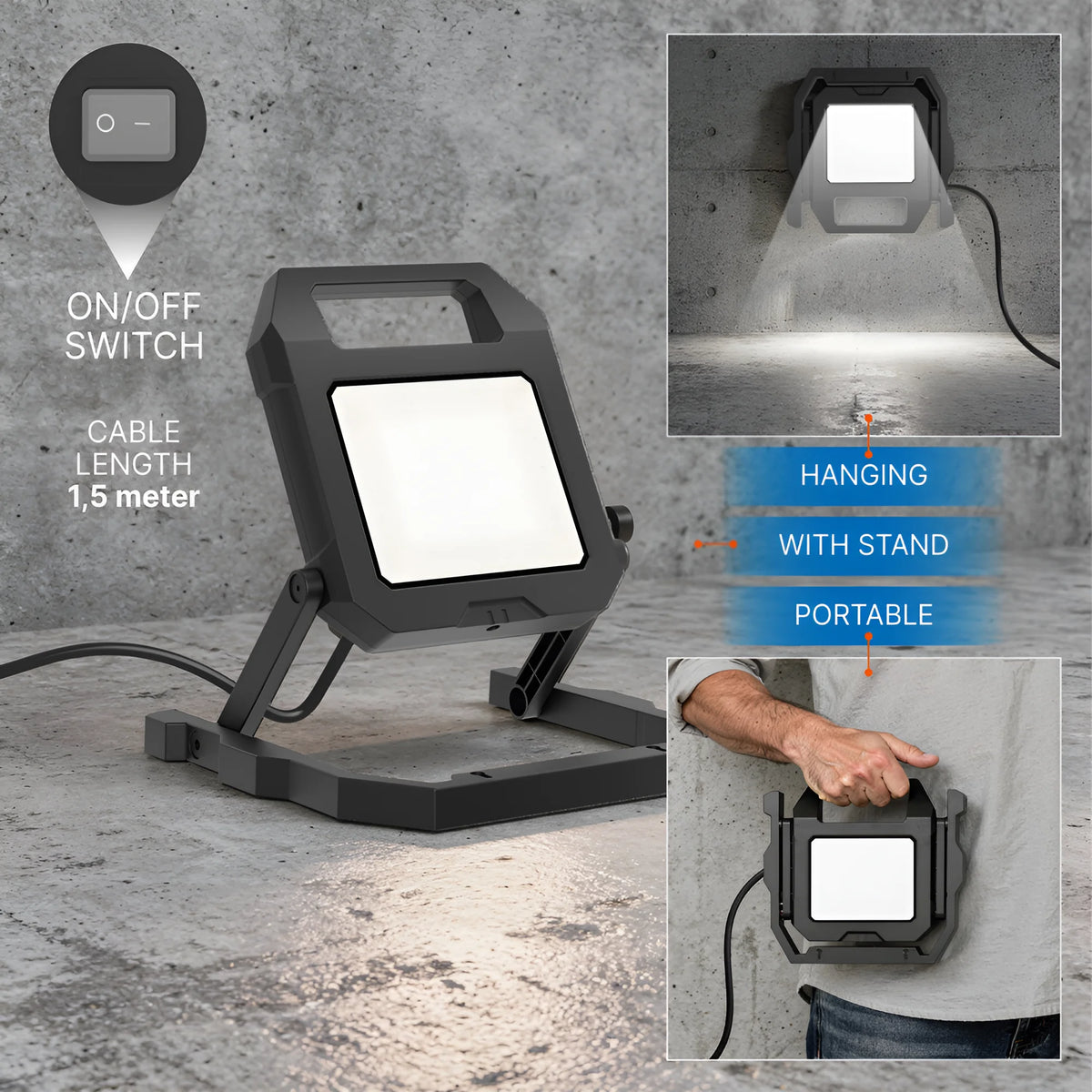 Braytron Flood Werklamp 50W 6500K Zwart WL 1.5MT CABLE