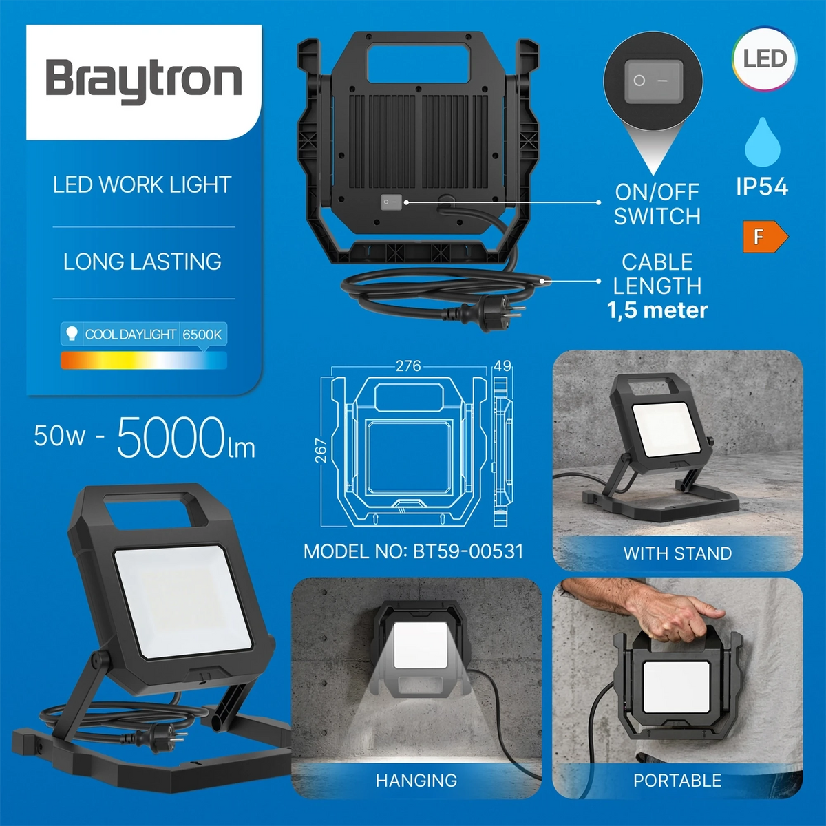 Braytron Flood Werklamp 50W 6500K Zwart WL 1.5MT CABLE