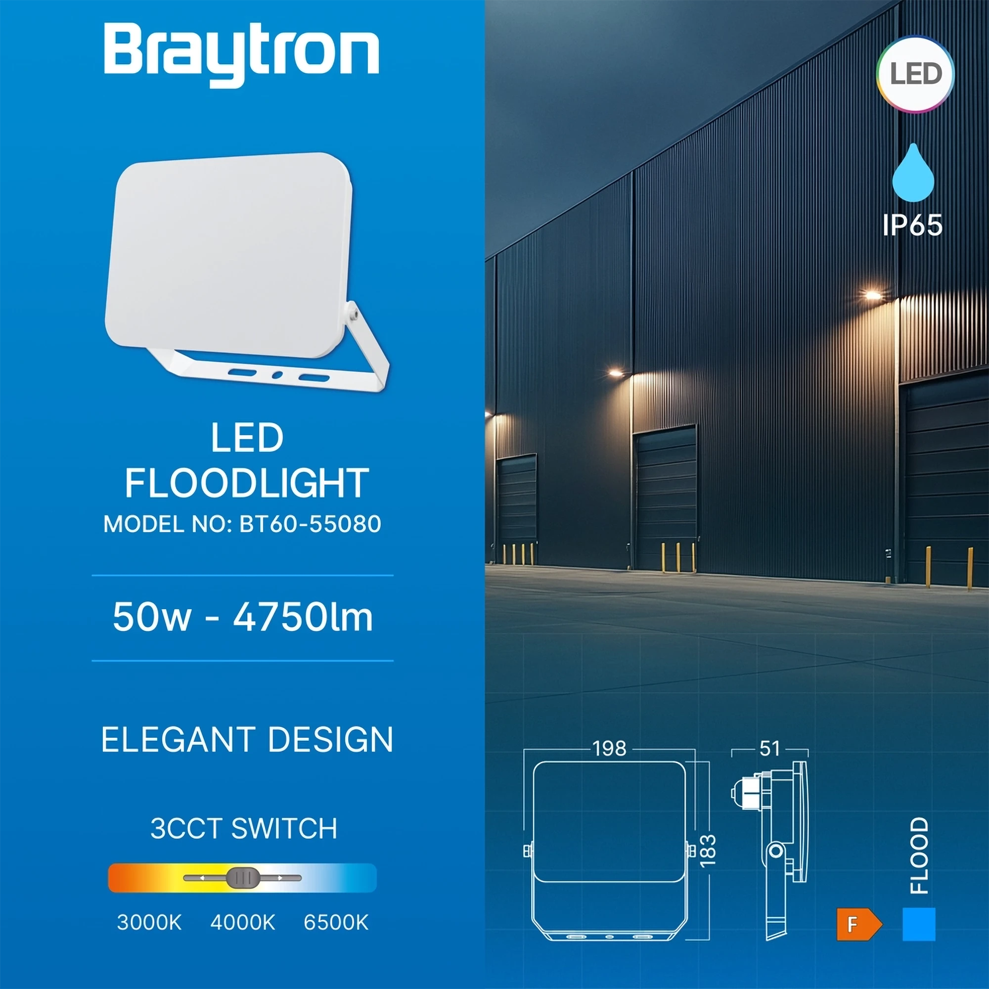 Braytron Flood LED Schijnwerper 50W IP65 Wit WF 3IN1