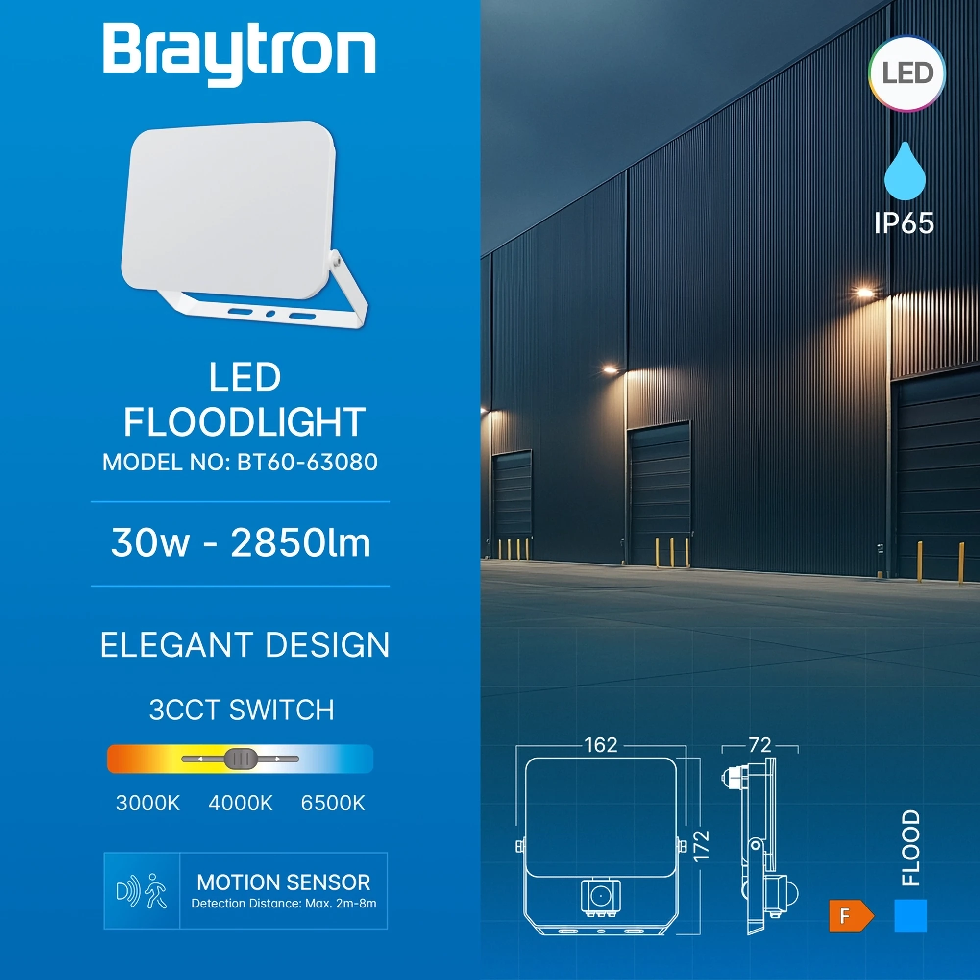 Braytron Flood LED Schijnwerper 30W IP54 Wit WF 3IN1 SNS