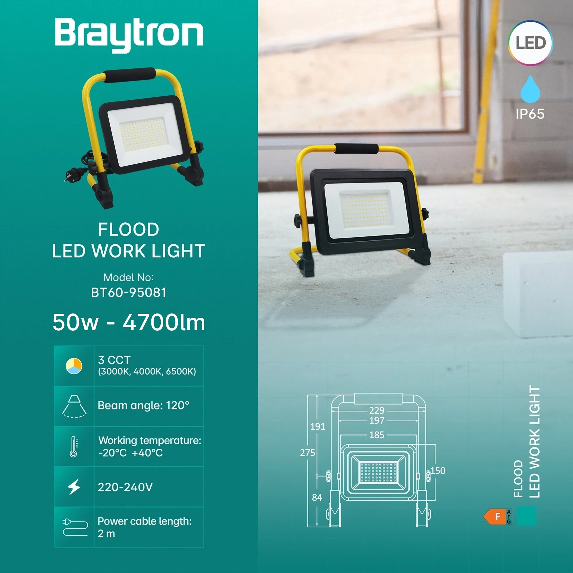 Braytron Flood Werklamp 50W Zwart WL 3IN1