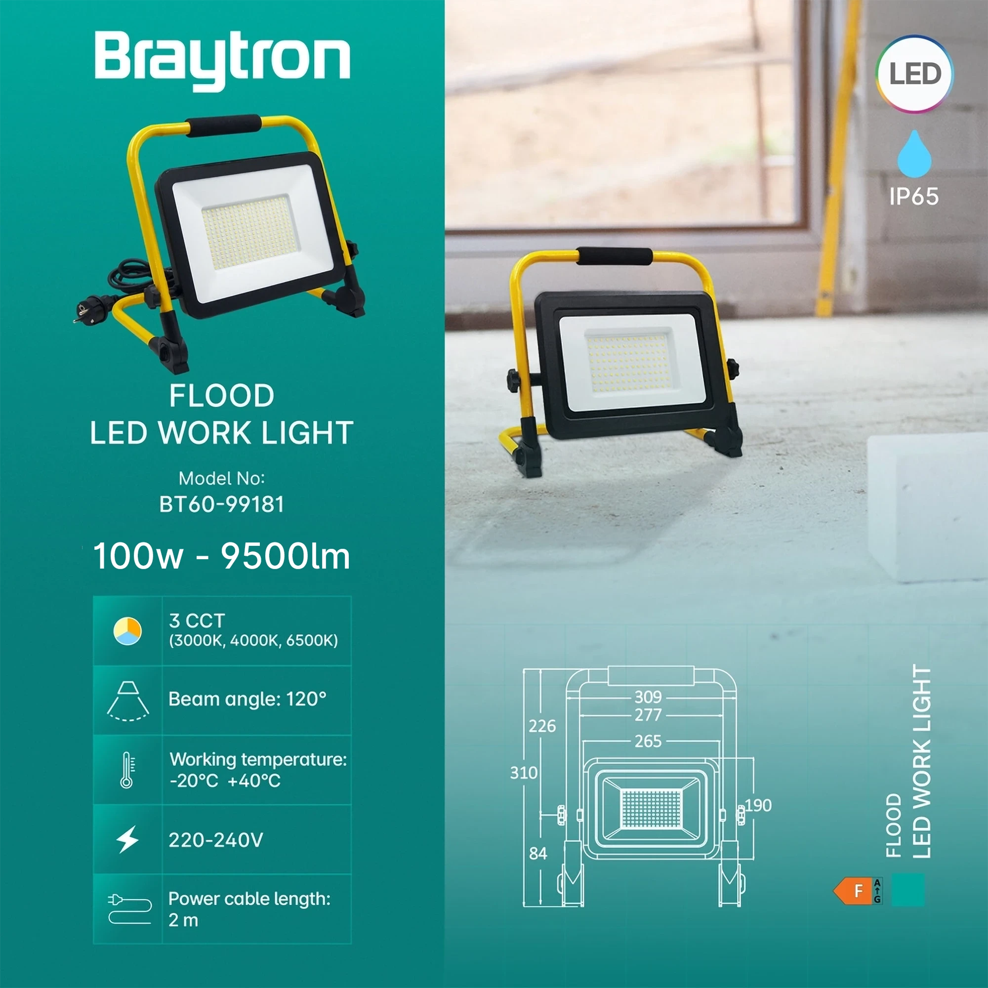 Braytron Flood Werklamp 100W Zwart WL 3IN1