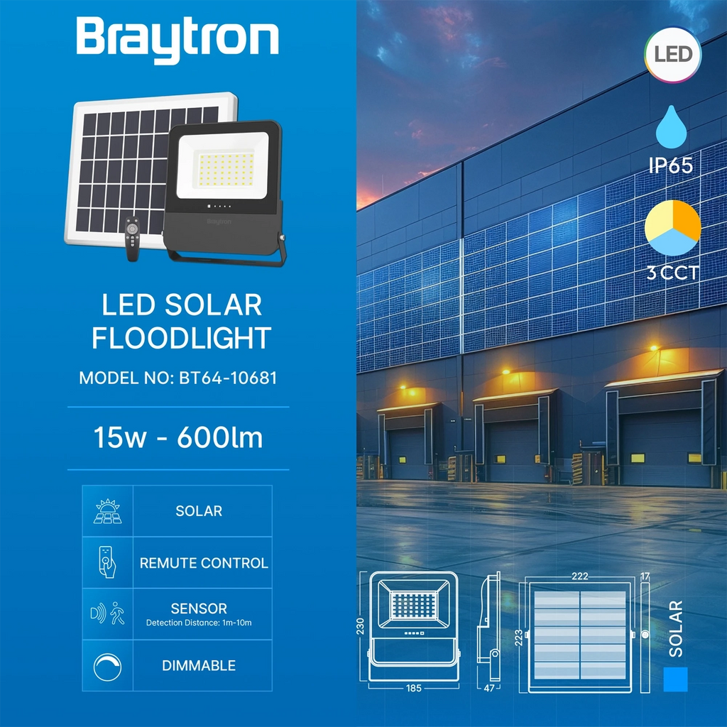 Braytron Solar Pl Solar Schijnwerper 15W IP65 3IN1 RMT