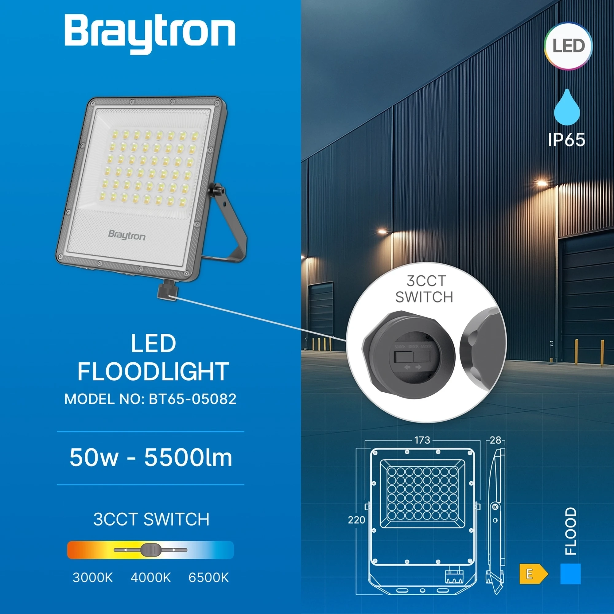 Braytron Flood LED Schijnwerper 50W IP65 Grijs PF 3IN1