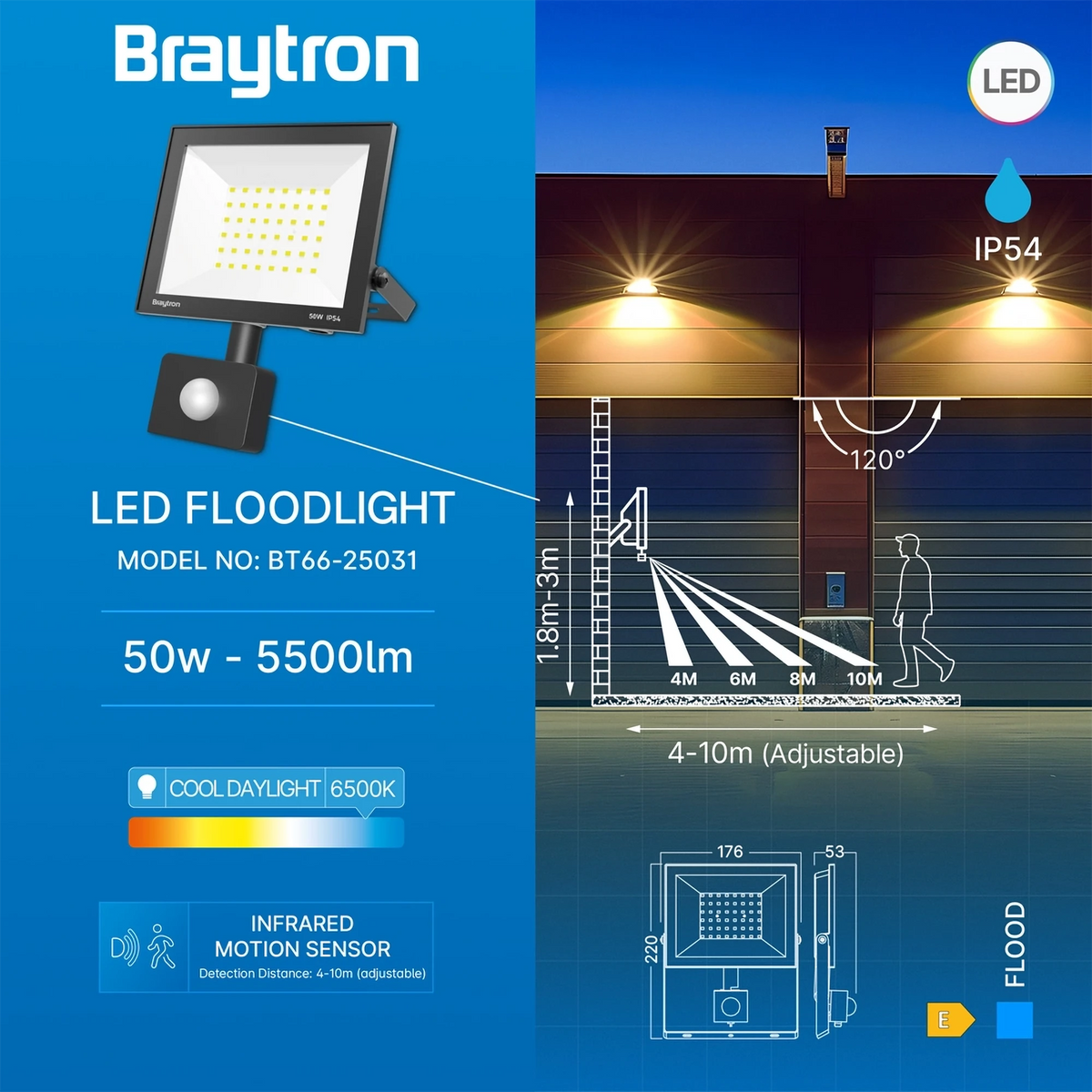 Braytron Flood LED Schijnwerper 50W 6500K IP54 Zwart CF SNS