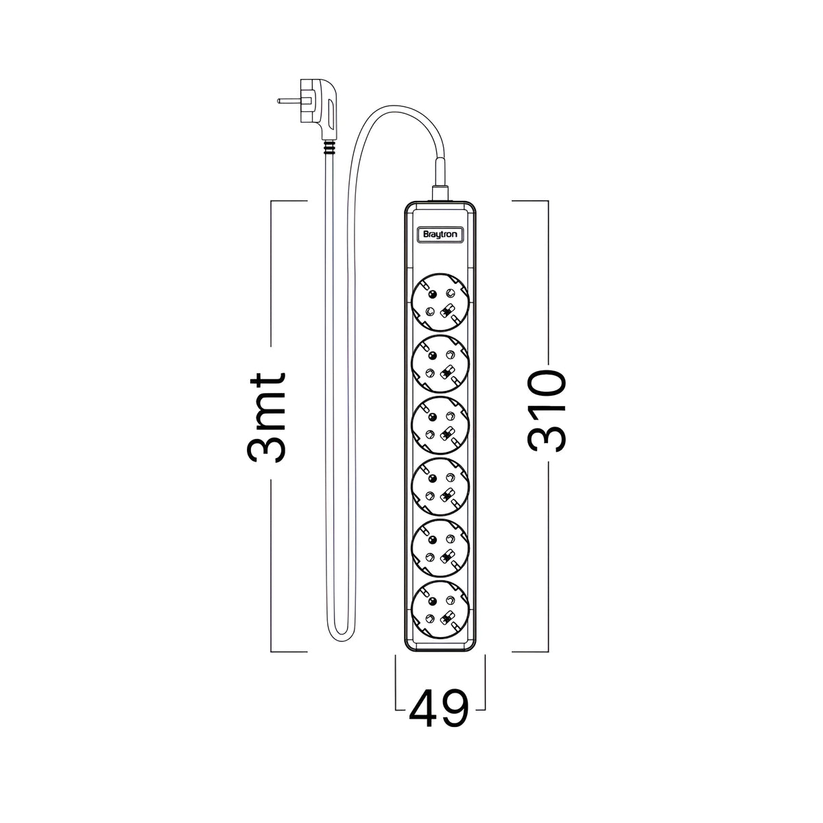 Braytron Xline Verlengsnoer met stekkerdoos 6WAY EU 3x1,5mm2 3M