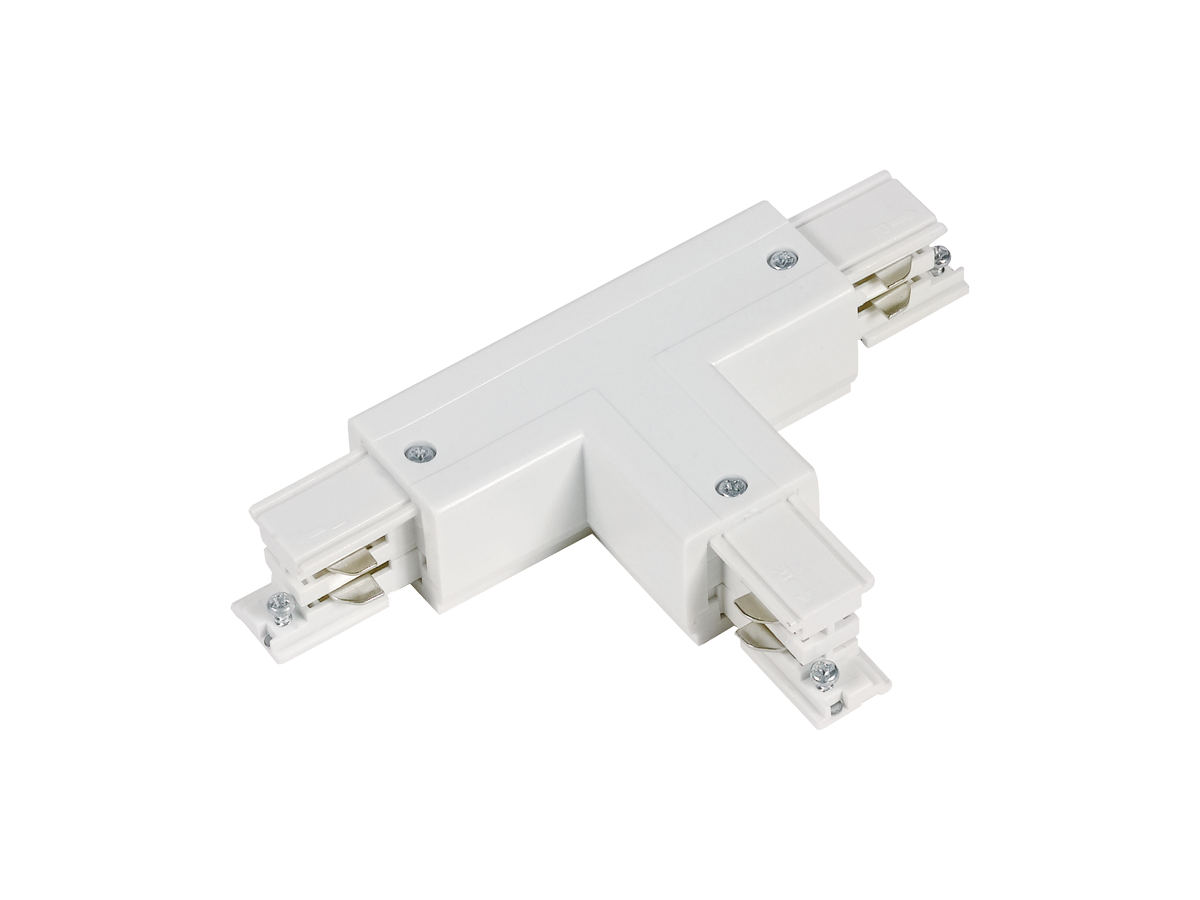 T-connector voor LUMICANTO POWERTRACK railbaan links wit met voeding PRIME