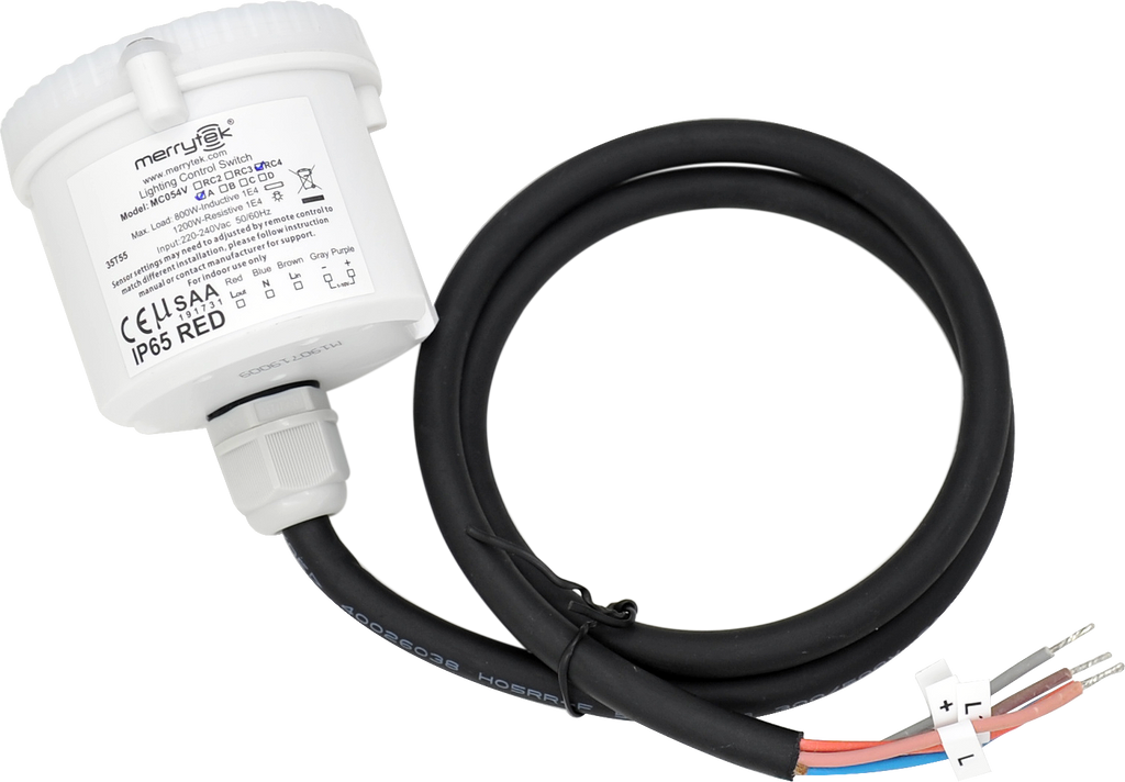 MERRYTEK magnetron bewegingssensor 15m M20 600W AAN/UIT 2-traps DIM 1-10V clip