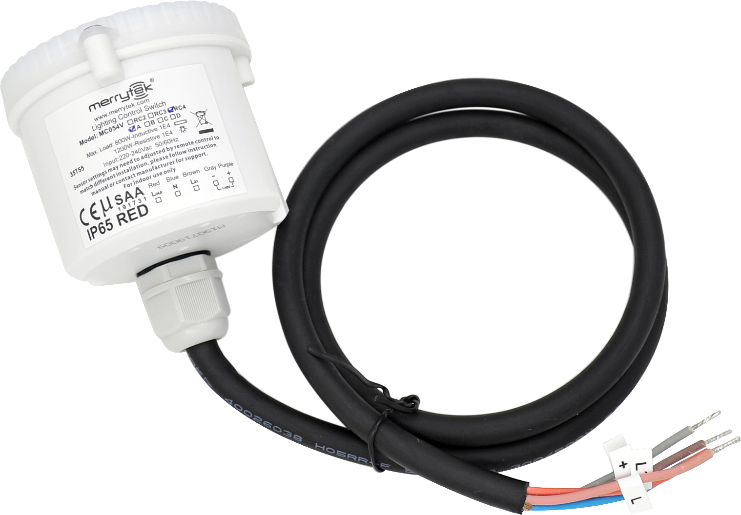 MERRYTEK magnetron bewegingssensor 15m M20 600W AAN/UIT 2-traps DIM 1-10V clip
